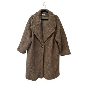 The Post, size large, taupe/medium-beige, long teddy coat.